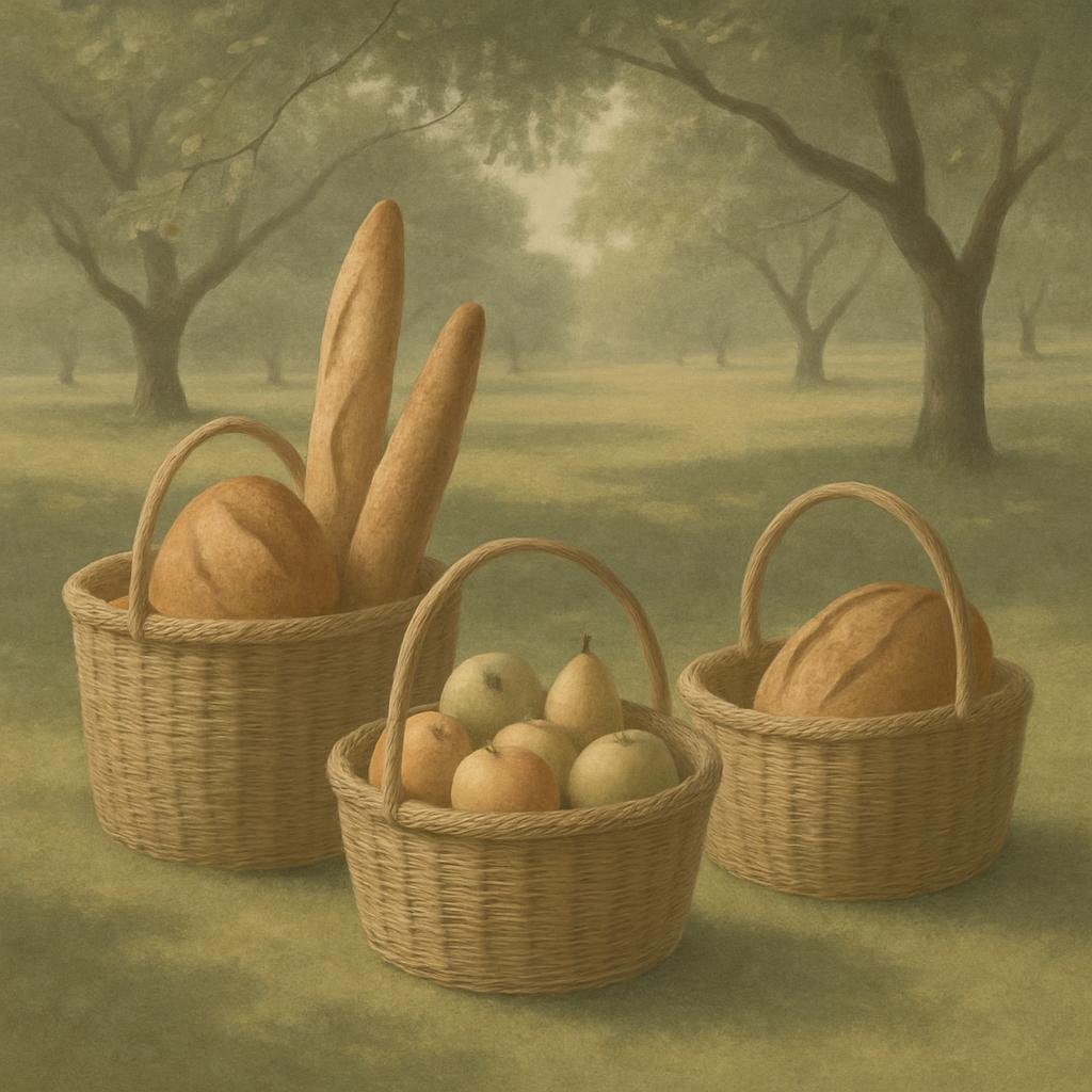 Multiple bread baskets set outdoors in a serene forest environment. The least spoiled baskets contain whole bread rolls in...