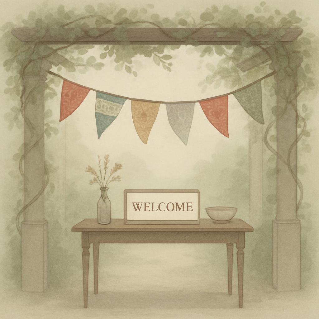 An illustration of a welcome sign in a garden, complete with an arbor adorned with vines and a string of pennants above th...